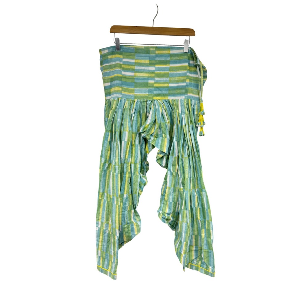 Fabindia Womens Green Stripe Cotton Harem Pants eclectic Tassel Tie Waist Small